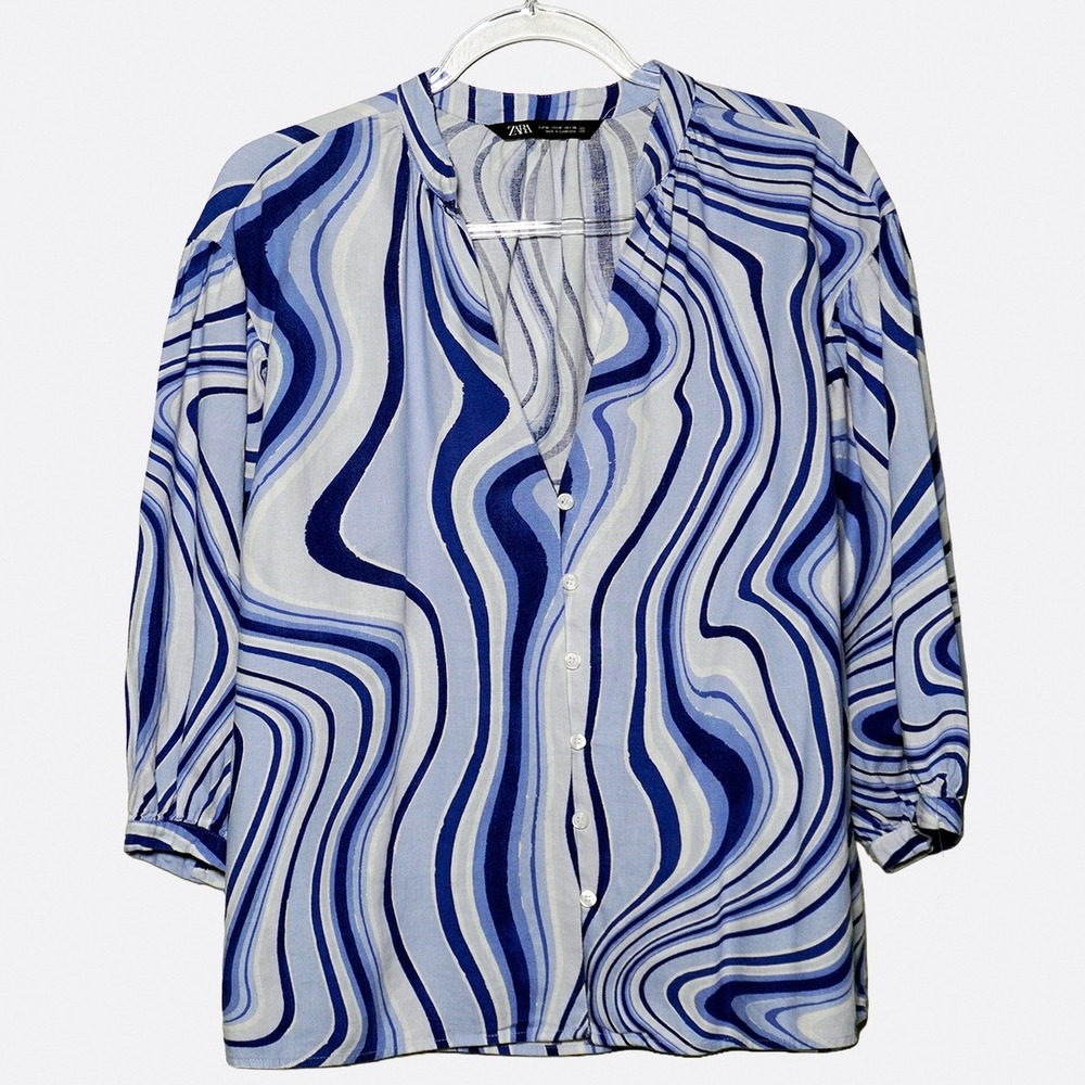Zara Coastal Blue Abstract Swirl Linen‎ Blend Blouse Plus Size 1X XL Old Money - Picture 2 of 8